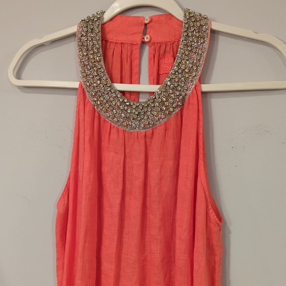120% Lino Maxi Dress Linen Coral Beaded Neck size 42 (Small) - Picture 3 of 9